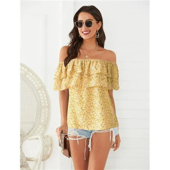 Women's Casual Off Shoulder Ruffle Blouse - Summer Stylish Top, Chic and Elegant - Picture 4 of 6